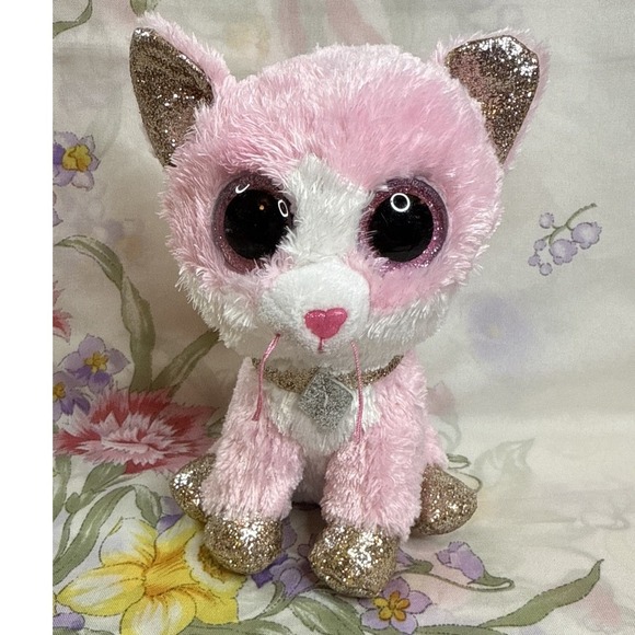 Ty Other - Ty Beanie Boo Fiona Pink Cat Plush Glitter Ears Paws 6" Stuffed Animal